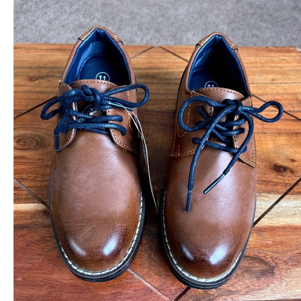 Hawkwell Kids Brown‎ Faux Leather Dress Shoes Lace Up Size 11 Formal NWT